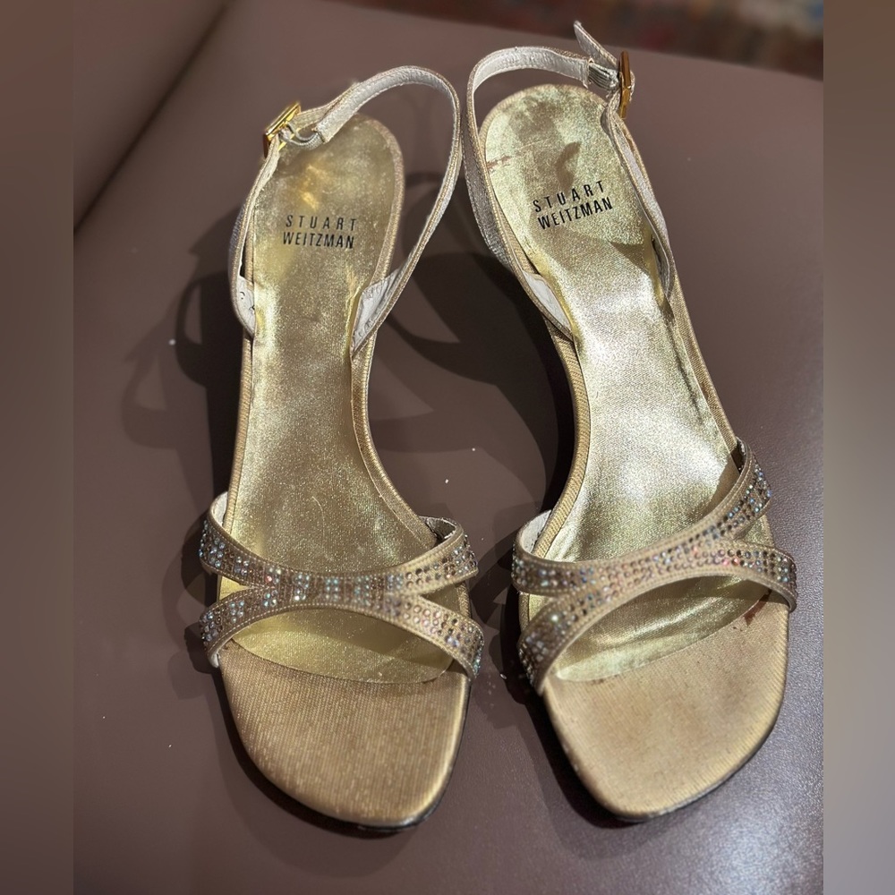 Stuart Weizman gold rhinestone sandals